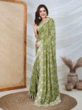 Poly Georgette Geometric Print Saree With Embroidery And Scaloping Work With Unstitched Blouse Piece