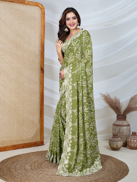 Poly Georgette Geometric Print Saree With Embroidery And Scaloping Work With Unstitched Blouse Piece