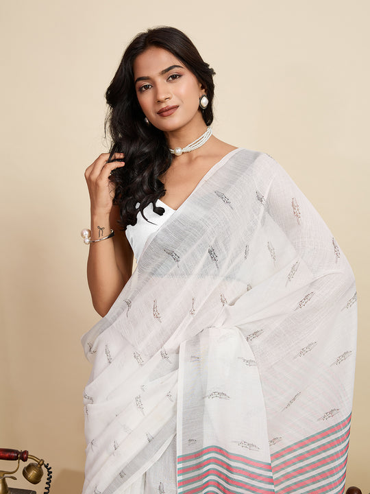 White Linen Saree With Jari Border All Over Single Colour Printed Saree With Blouse Piece