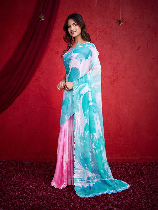 Light Pink Poly Chiffon Saree With Blouse Piece