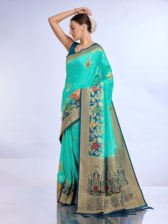 Teal Pure Silk Saree With Blouse Piece