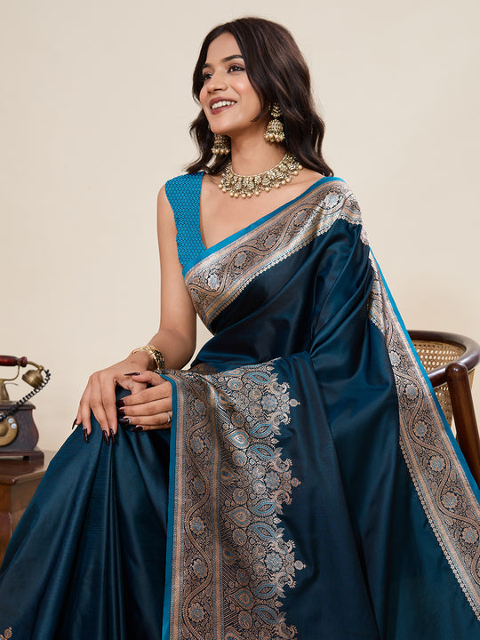 Teal Pure Satin Silk Gala Border Concept Weaved With Jari And Minakari Rich Pallu Saree With Blouse Piece