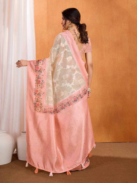 Rose Pink Pure Cotton Lucknowi Woven Banarasi Saree With Ombre Floral Prints