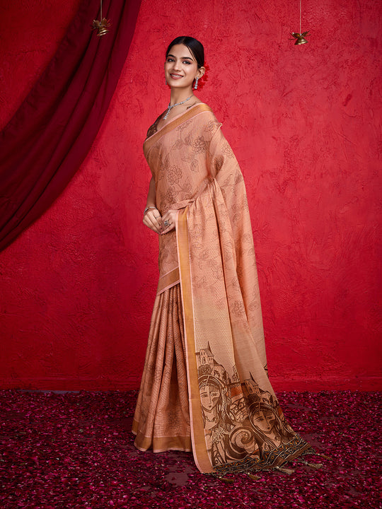 Peach Poly Silk Festival Saree With Blouse Piece