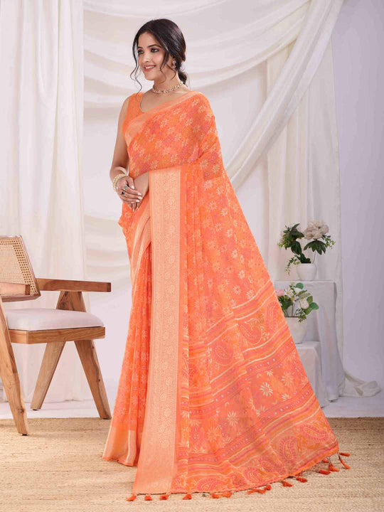 Orange Pure Chiffon Viscose Border Block Printed Saree With Blouse Piece