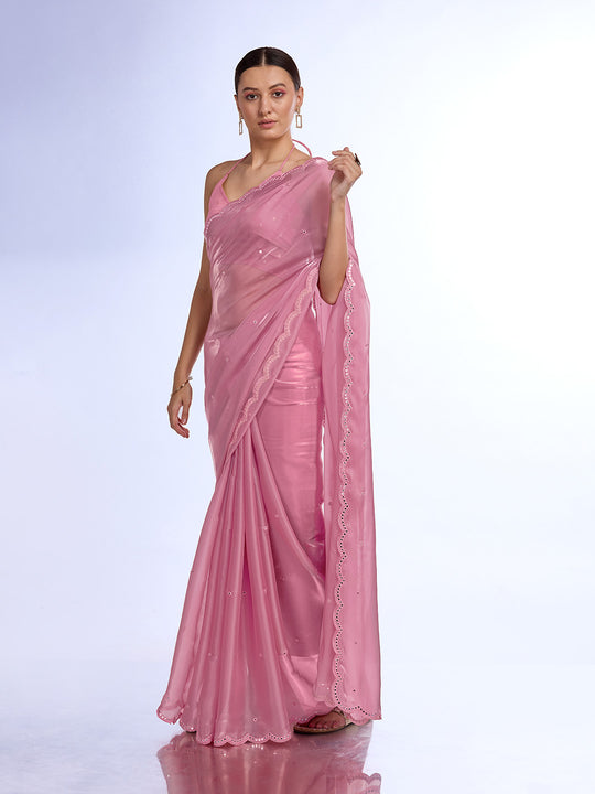 Pink Organza silk Saree With Blouse Piece