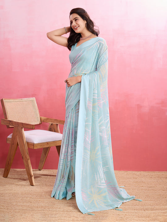 Sky Blue Silk Georgette Festive Wear Saree With Blouse Piece