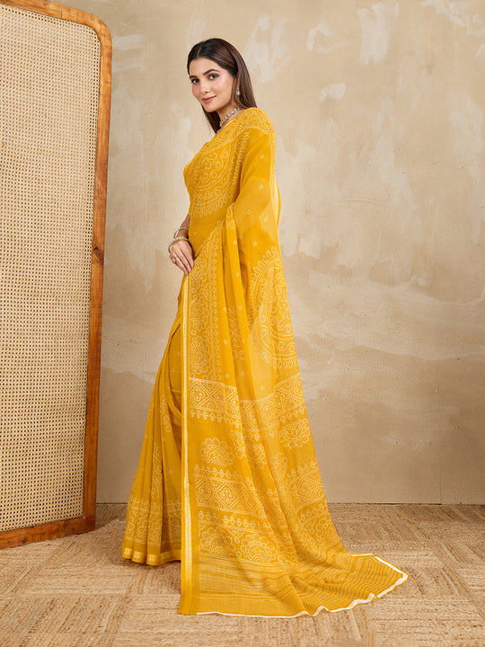 Pure Chiffon Bandhani Printed Saree With Viscose Woven Border And Blouse Piece