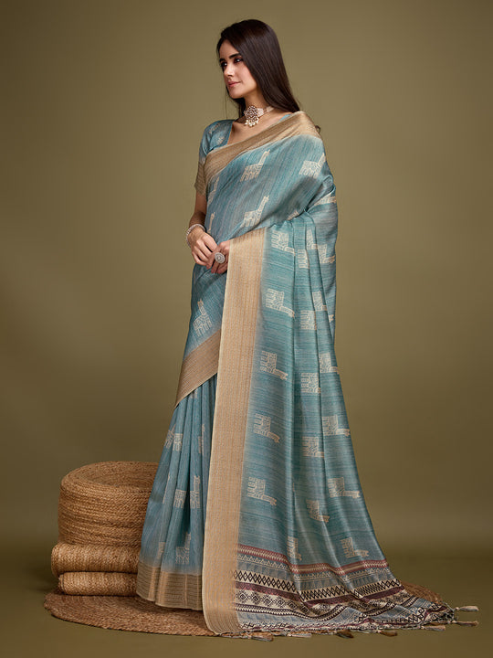 Turquoise Blue Silk Blend Saree With Blouse Piece