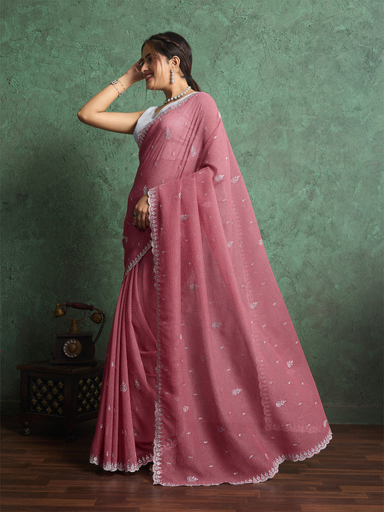Pure Georgette Solid Embroidered Saree With Scalloping And Fancy Blouse