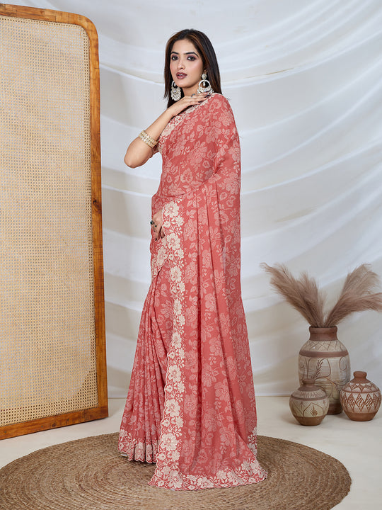 Poly Georgette Geometric Print Saree With Embroidery And Scaloping Work With Unstitched Blouse Piece