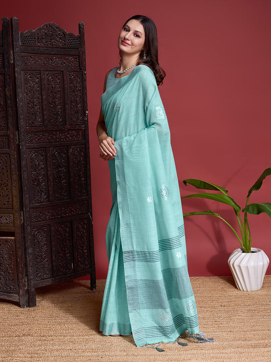 Turquoise Linen Blend Saree With Blouse Piece