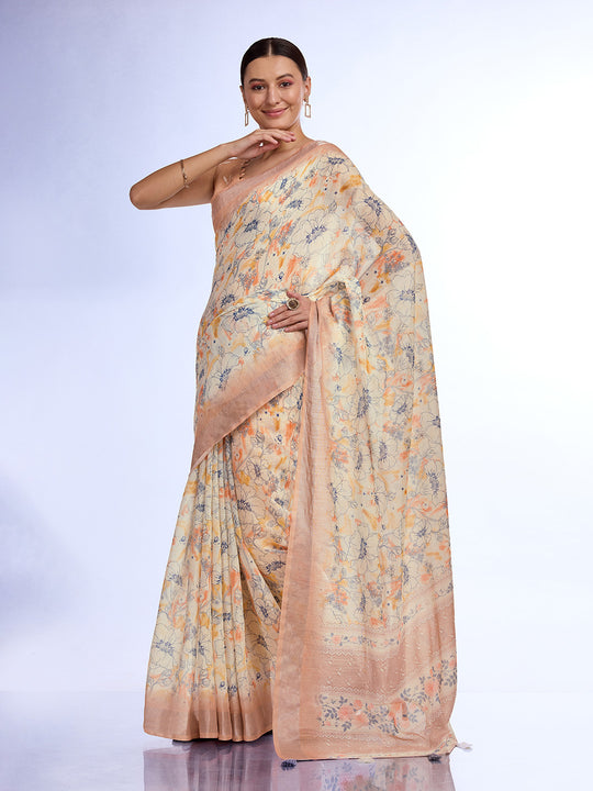 Beige  Linen Blend Saree With Blouse Piece