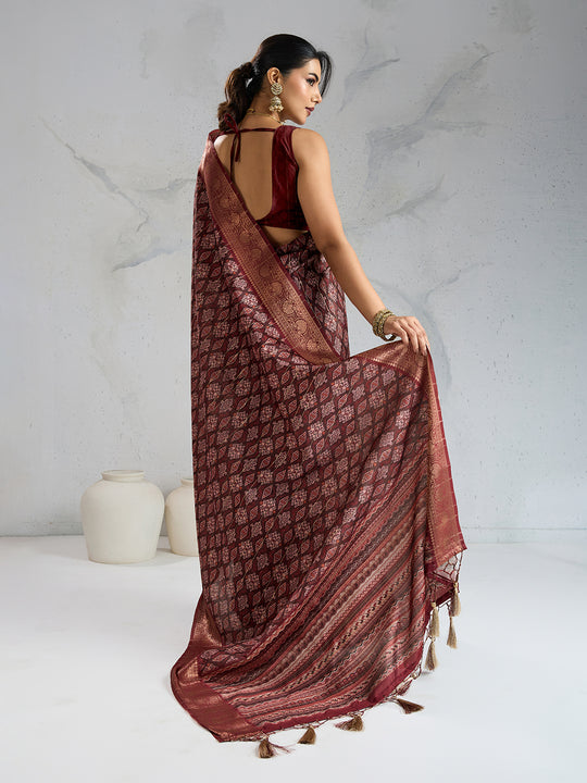 Poly Silk Woven Floral Digital Printed Saree With Woven Jacquard Border And Fancy Tassels