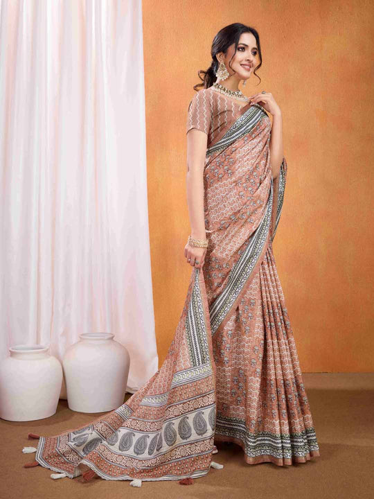 Brown Pure Tussar Silk Ajrakh Block Printed With Blouse Piece