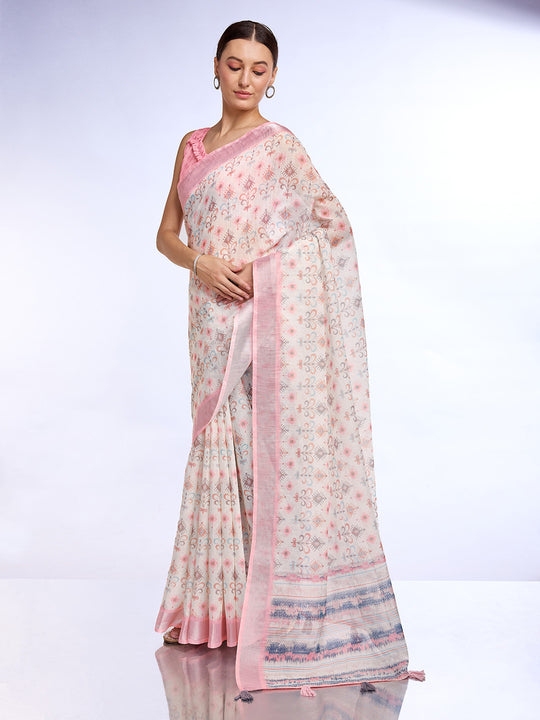 White Linen Blend Saree With Blouse Piece