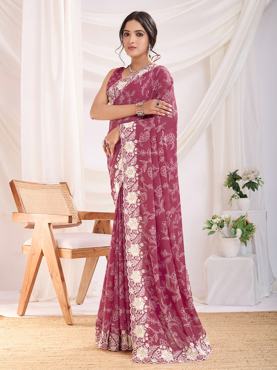 Magenta Poly Georgette Festive Wear Saree With Blouse Piece