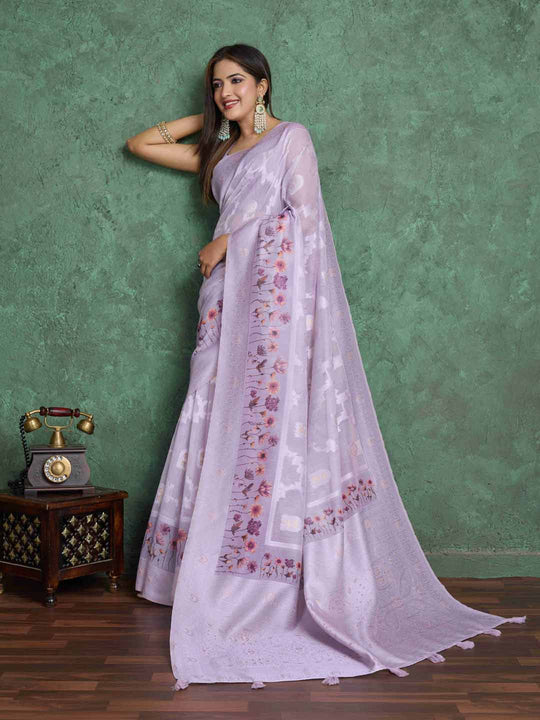 Lavendar Pure Cotton Lucknowi Woven Printed Saree With Tassels Saree With Blouse Piece