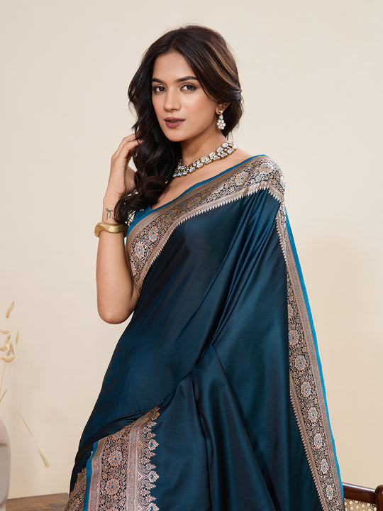 Teal Pure Satin Silk Gala Border Concept Weaved With Jari And Minakari Rich Pallu Saree With Blouse Piece