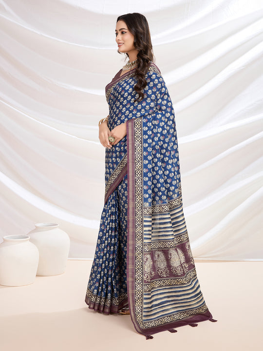 Blue Cotton Blend Casual Wear Saree With Blouse Piece