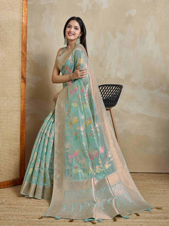 Seagreen Organza Banarasi Woven Rich Pallu With Blouse Piece