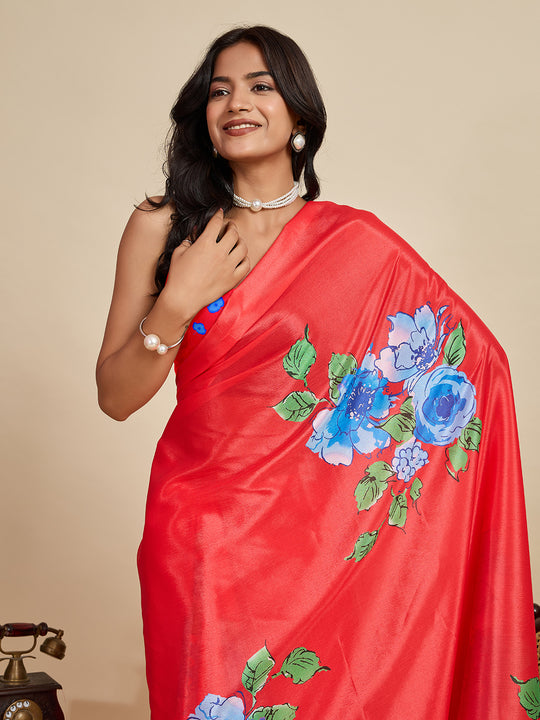 Red Chinon Saree All Over Single Colour Printed Saree With Blouse Piece