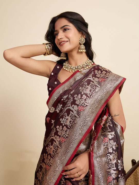 Maroon Soft Silk Sarees Premium Two Tone Satin Fabric With Unique Designs Saree With Blouse Piece