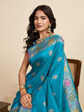 Cyan Blue Pure Jacquard Fabrics With Sona Chandi Pure Zari Work Saree With Blouse Piece