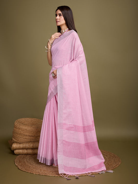 Pink Linen Blend Daily Wear Saree With Blouse Piece