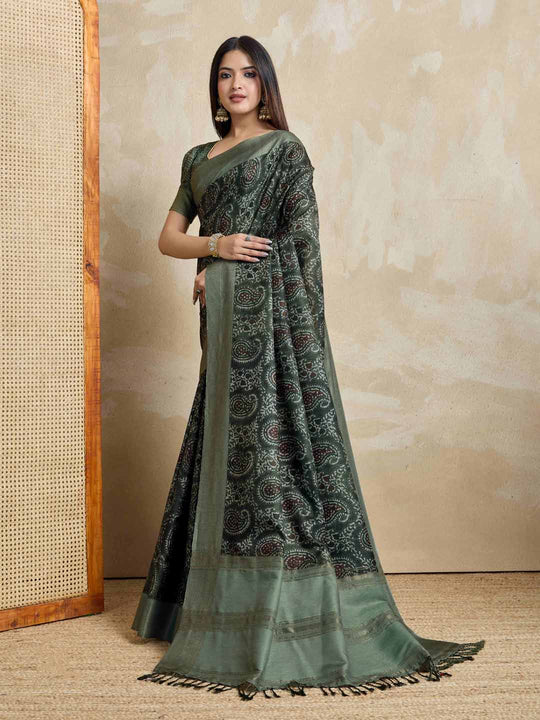 Olivegreen Pure Handloom Tussar Woven Pallu Ajrakh Printed With Blouse Piece