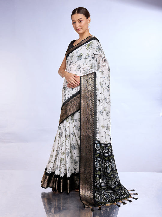 White & Black Dola Silk Saree With Blouse Piece