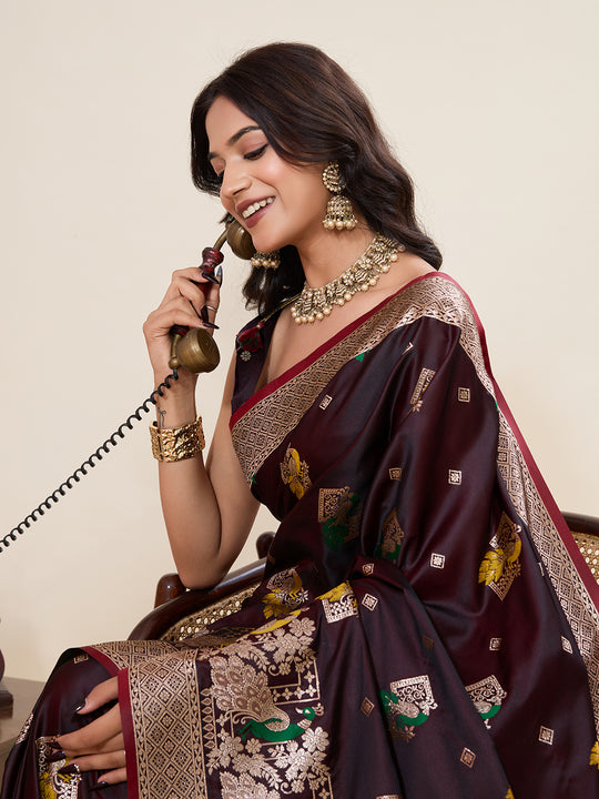 Maroon Soft Silk Sarees Premium Two Tone Satin Fabric With Unique Pathani Type Designs Saree With Blouse Piece