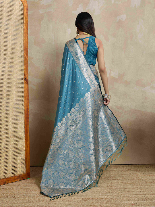 Blue Pure Satin Banarasi Saree With Tassels Saree With Blouse Piece