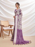 Lavendar Silk Chiffon Viscose Border Floral Printed Saree Saree With Blouse Piece