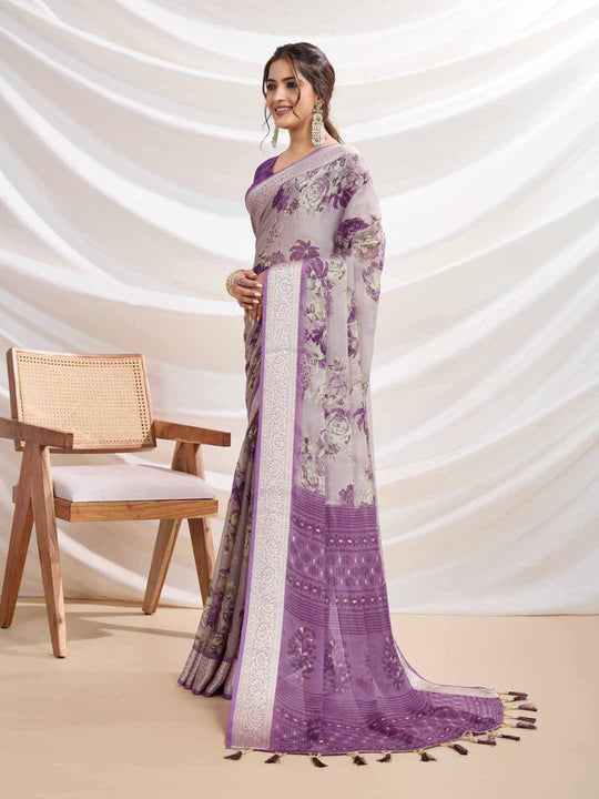 Lavendar Silk Chiffon Viscose Border Floral Printed Saree Saree With Blouse Piece