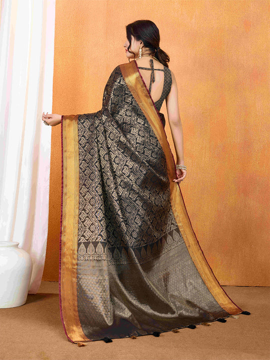 Black Ikkat Woven Kajeevaram Silk Rich Pallu With Blouse Piece