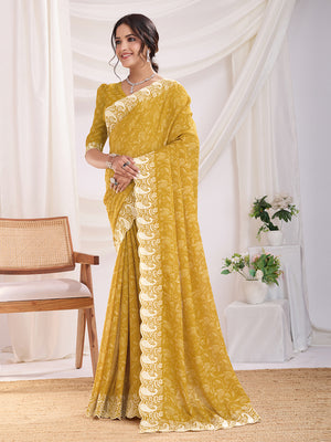 Yellow Poly Georgette Festive Wear Saree With Blouse Piece