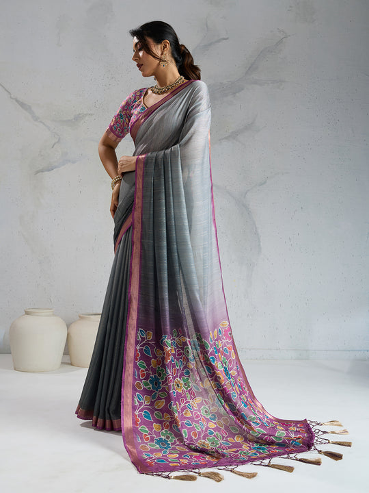 Pure Chiffon Digital Printed Woven Saree With Woven Border And Fancy Tassels