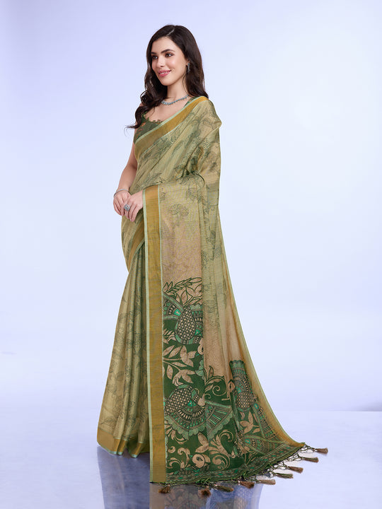 Green Poly Silk Festival Saree With Blouse Piece