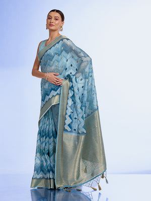 Blue Cotton Blend Saree With Blouse Piece