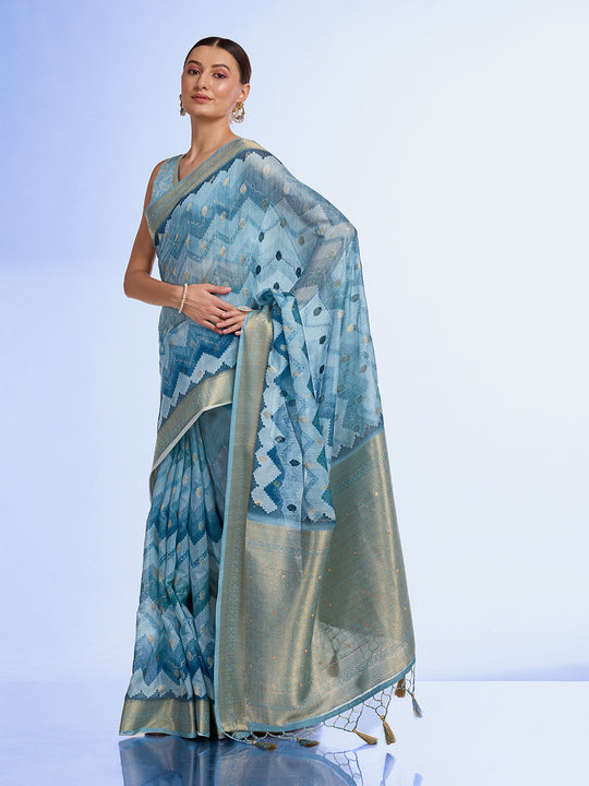 Blue Cotton Blend Saree With Blouse Piece