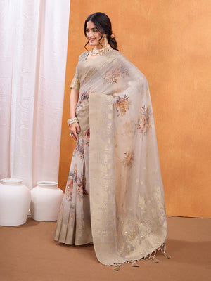 Beige Cotton Blend Festive Wear Saree With Blouse Piece