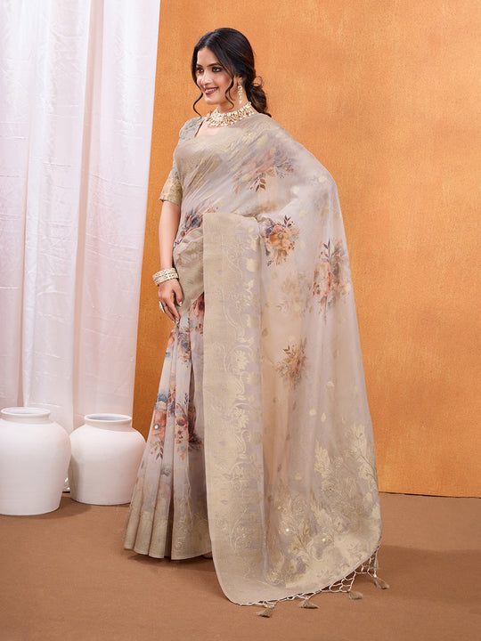 Beige Cotton Blend Festive Wear Saree With Blouse Piece