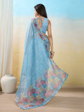 Skyblue Organza Zari Woven Printed Saree With Hand-Sequence Embellishment Saree With Blouse Piece