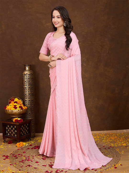 Peach Crepe Georgette Gold Foil Embellished Printed Saree With Blouse Piece