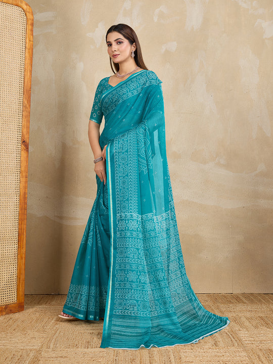 Pure Chiffon Bandhani Printed Saree With Viscose Woven Border And Blouse Piece