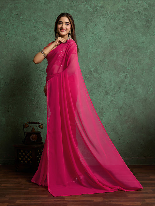 Poly Chiffon Dyed Saree With Heavy Embroidered Blouse Piece