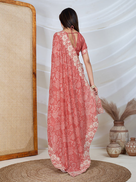 Poly Georgette Geometric Print Saree With Embroidery And Scaloping Work With Unstitched Blouse Piece