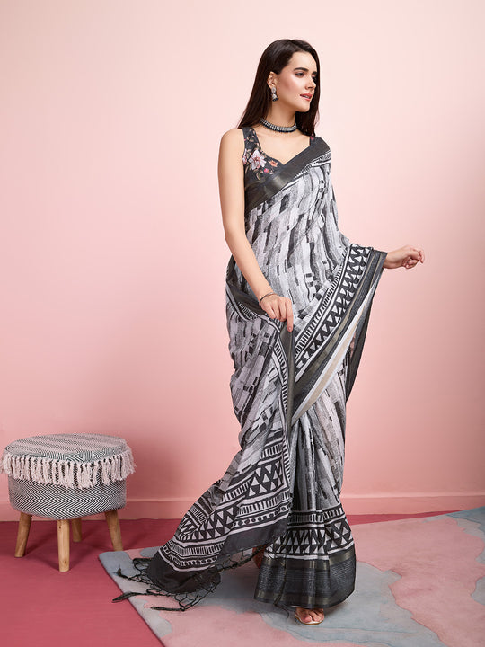 Grey Silk Blend Daily Wear Saree With Blouse Piece