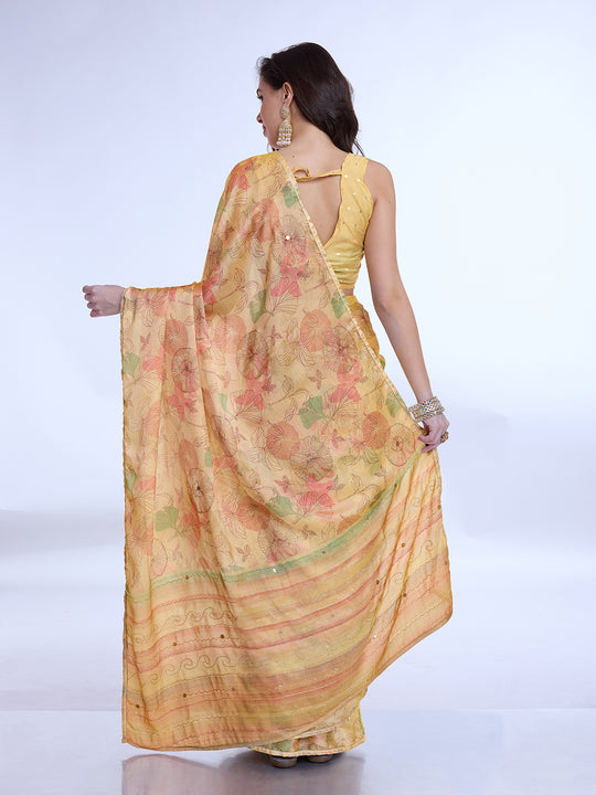 Light Yellow  Poly Chiffon Festive Wear Saree With Blouse Piecde